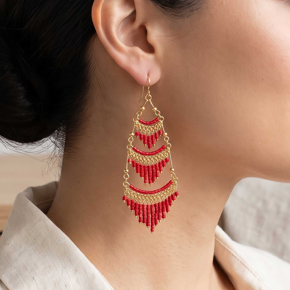 Cleopatra Czech Beaded Chandelier Earrings, Gold Tone Stainless Steel - Gem Avenue Retail 