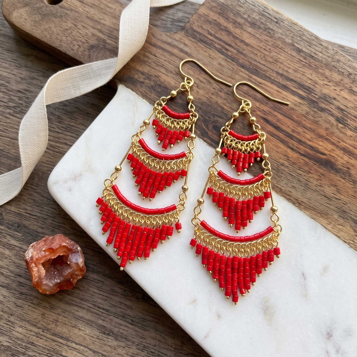 Cleopatra Czech Beaded Chandelier Earrings, Gold Tone Stainless Steel - Gem Avenue Retail 
