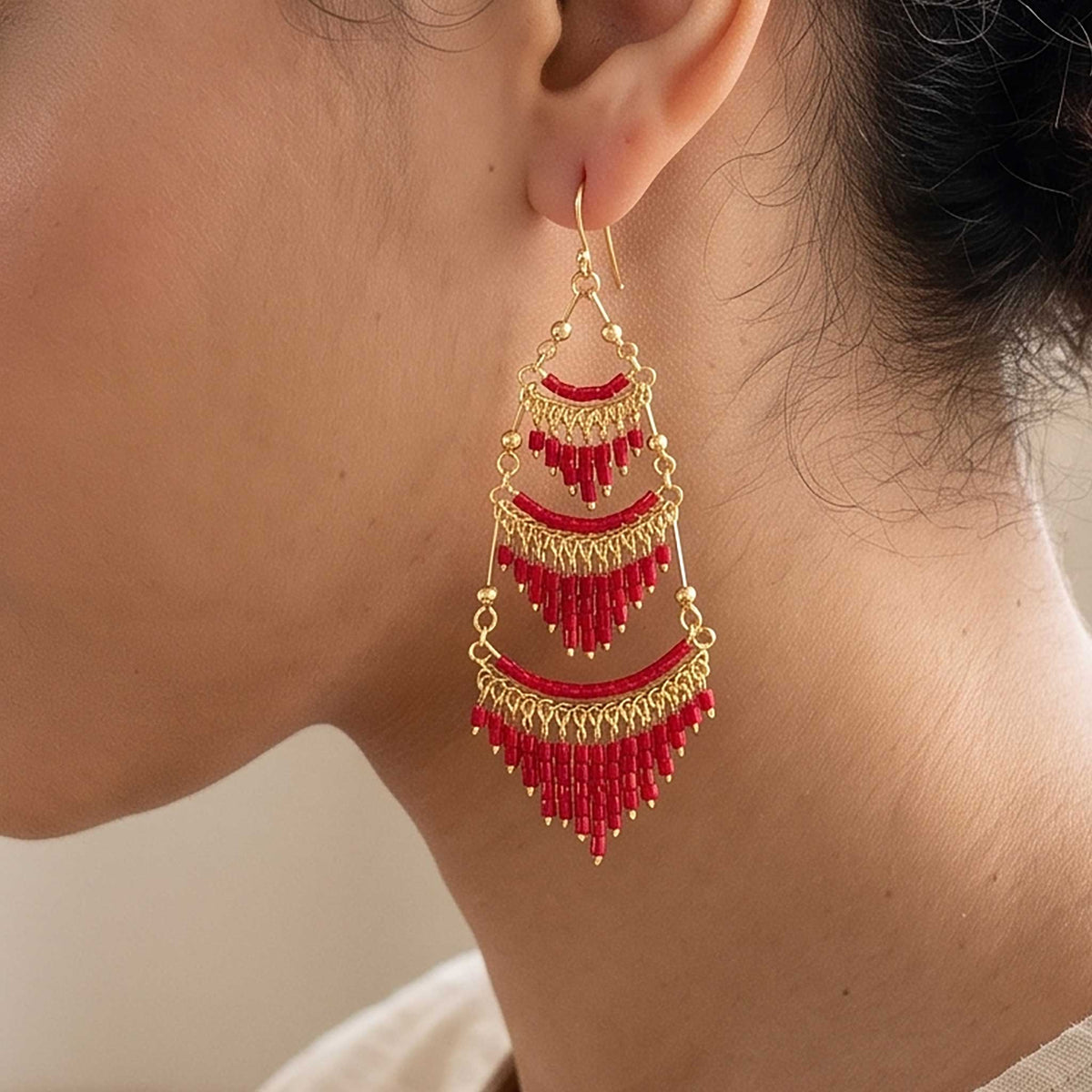 Cleopatra Czech Beaded Chandelier Earrings, Gold Tone Stainless Steel - Gem Avenue Retail 