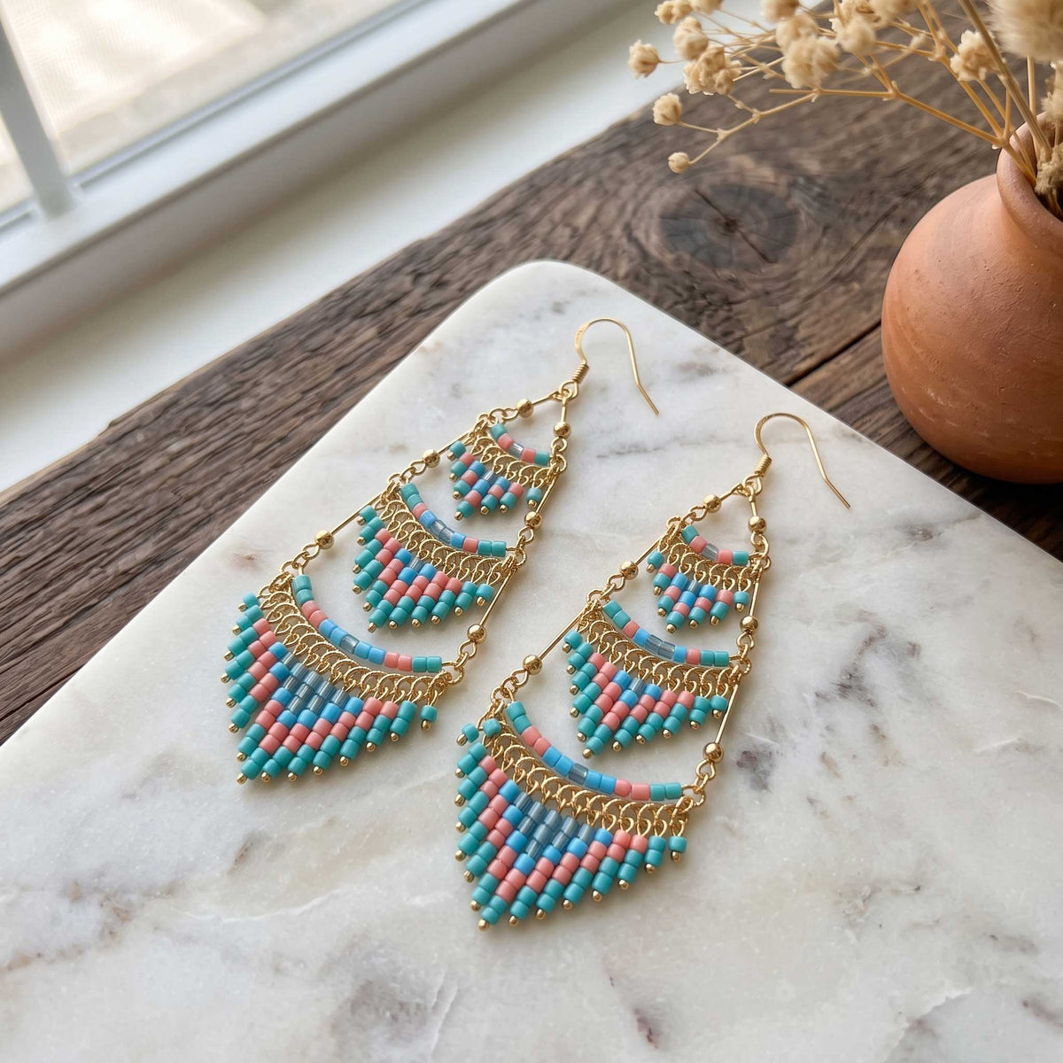Cleopatra Czech Bead Earrings Stainless Steel Chandelier Dangle Earrings