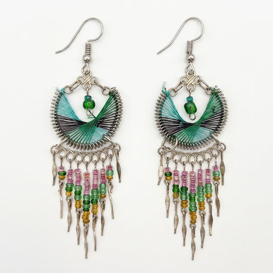 Peruvian Silk Thread Dangle Earrings 3 Inch Handcrafted Stainless Steel Boho Jewelry Spirit of Nature Statement Gift