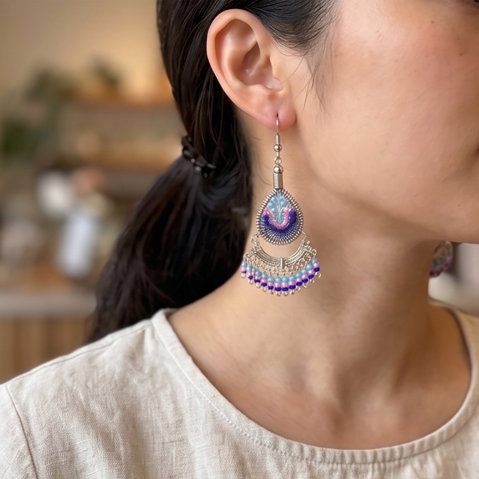 Stainless Steel & Silk Thread Dangle Earrings - Gem Avenue Retail
