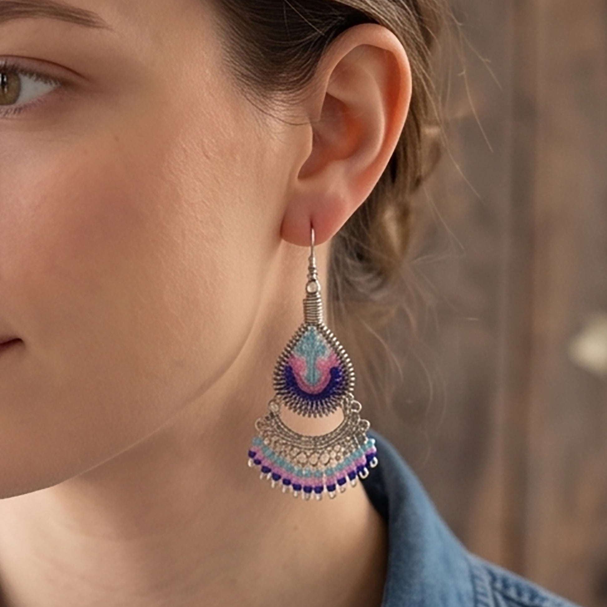 Stainless Steel & Silk Thread Dangle Earrings - Gem Avenue Retail
