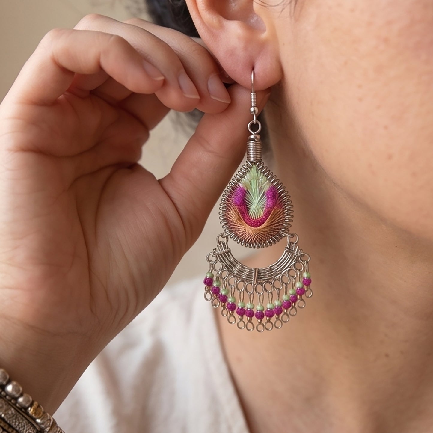 Silk Thread & Stainless Steel Dangle Earrings - Gem Avenue Retail