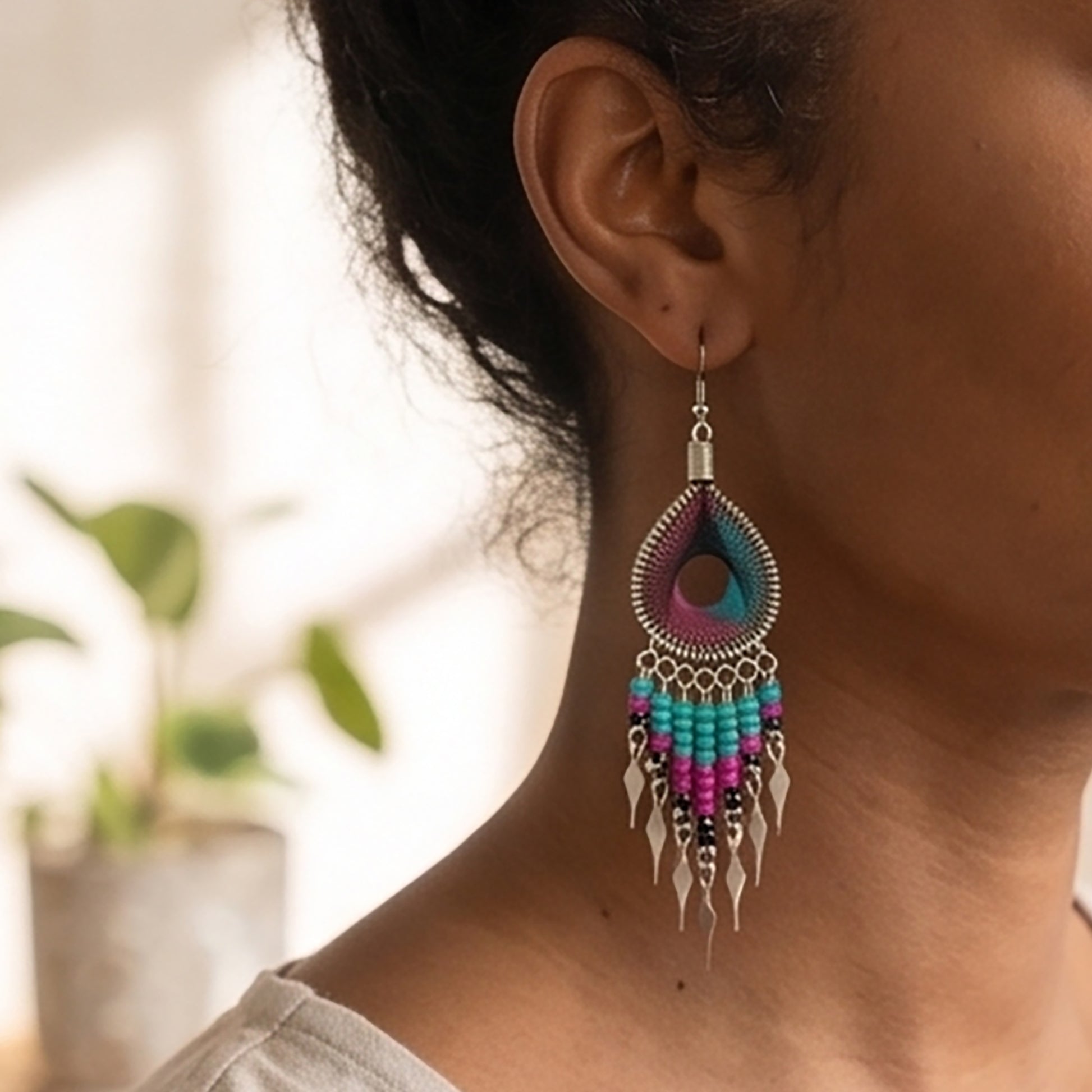 Silk Thread & Stainless Steel Dangle Earrings - Gem Avenue Retail