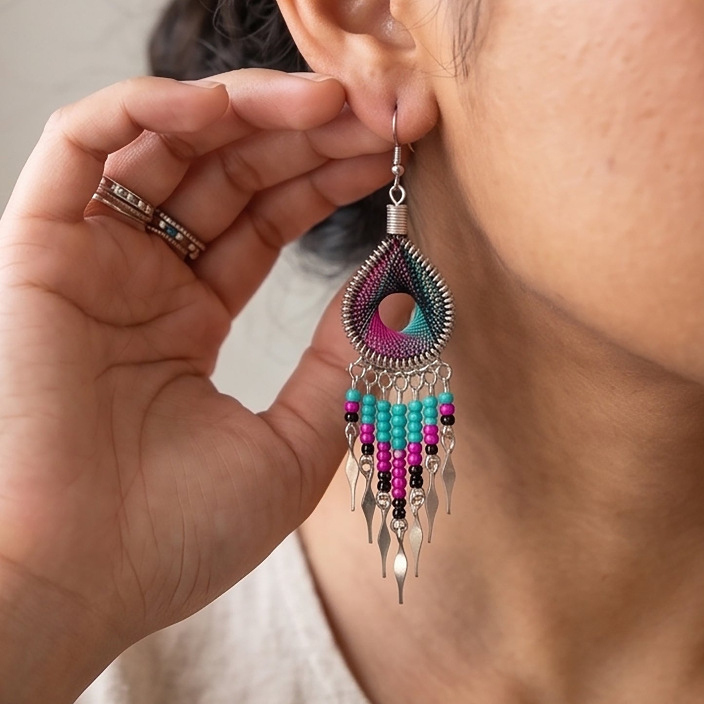 Silk Thread & Stainless Steel Dangle Earrings - Gem Avenue Retail