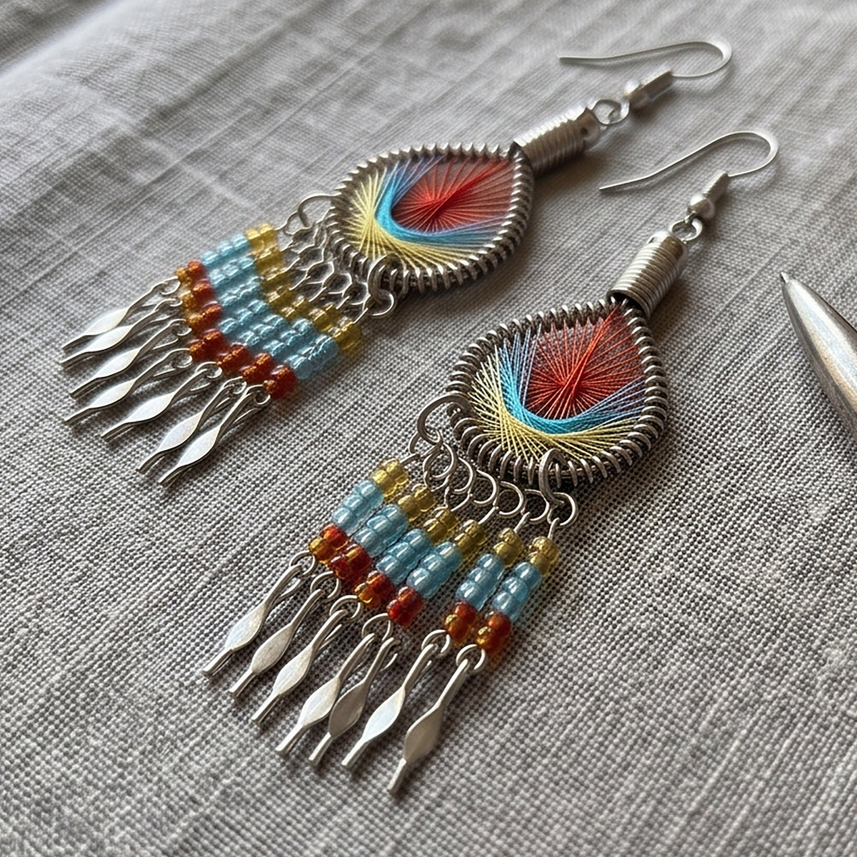 Peruvian Silk Thread Earrings 3 Inch Handcrafted Stainless Steel Boho Dangle Jewelry Handmade Statement Gift