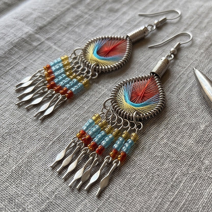 Peruvian Silk Thread Earrings 3 Inch Handcrafted Stainless Steel Boho Dangle Jewelry Handmade Statement Gift