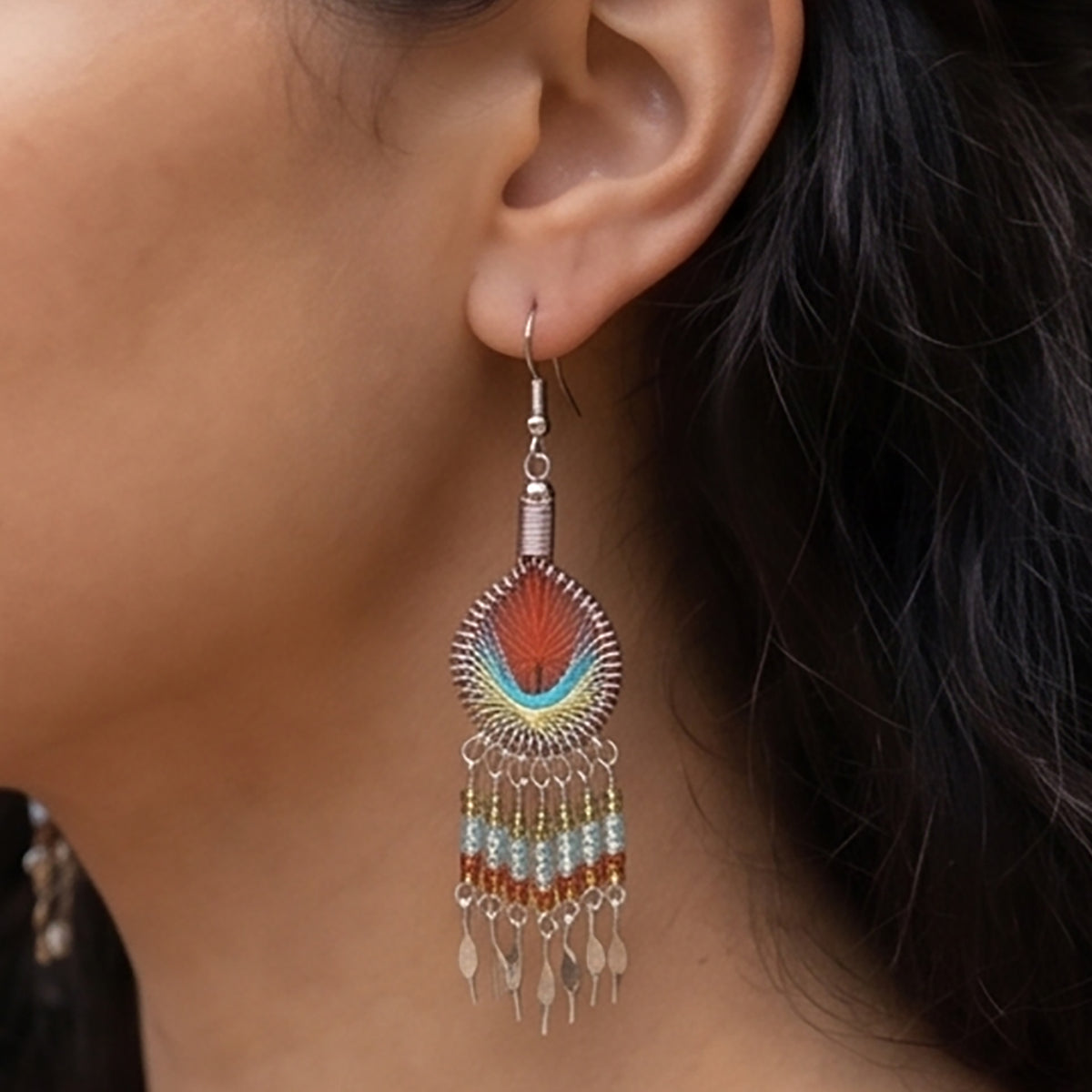 Peruvian Silk Thread Earrings 3 Inch Handcrafted Stainless Steel Boho Dangle Jewelry Handmade Statement Gift