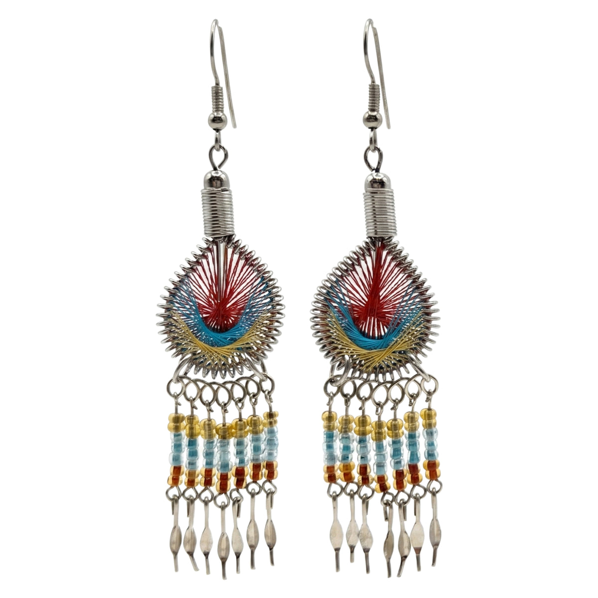Peruvian Silk Thread Earrings 3 Inch Handcrafted Stainless Steel Boho Dangle Jewelry Handmade Statement Gift