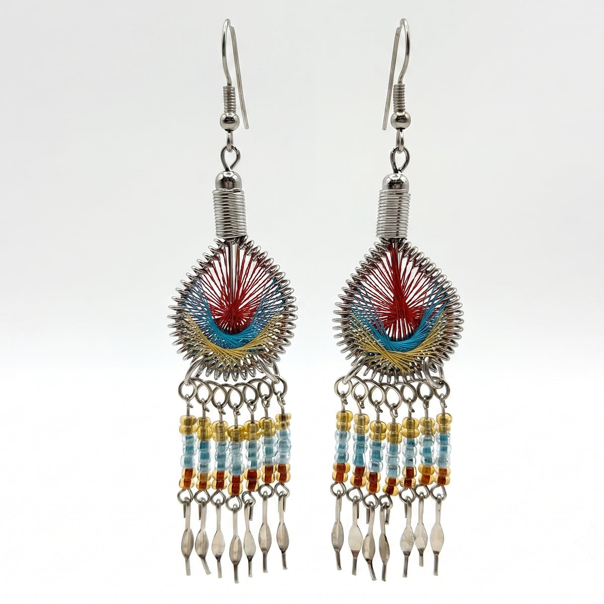 Peruvian Silk Thread Earrings 3 Inch Handcrafted Stainless Steel Boho Dangle Jewelry Handmade Statement Gift