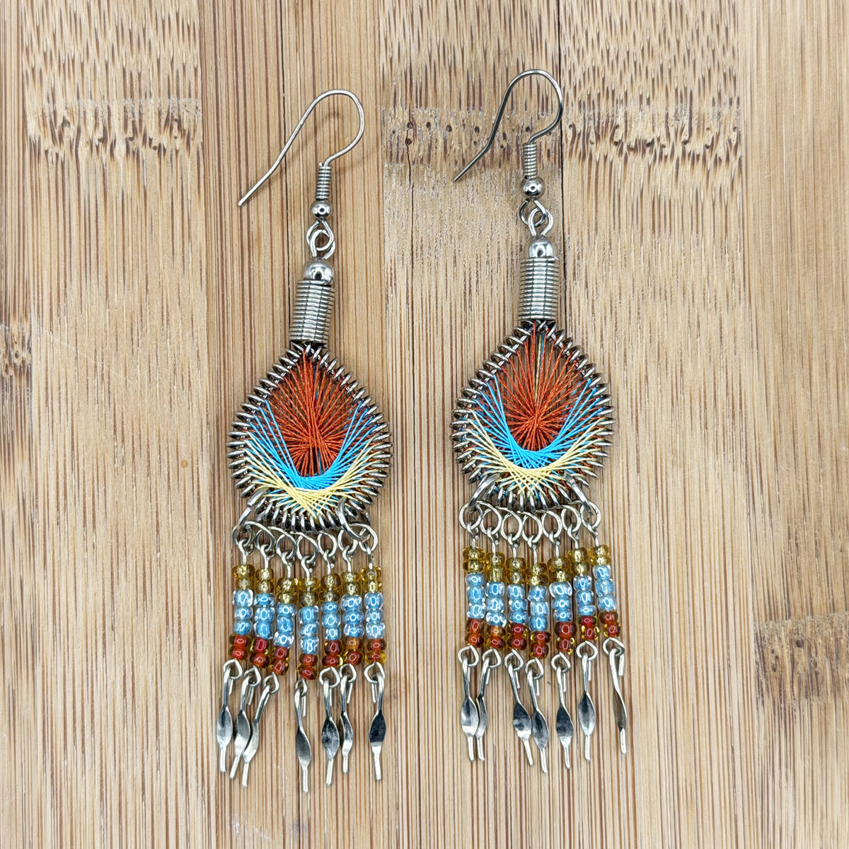 Peruvian Silk Thread Earrings 3 Inch Handcrafted Stainless Steel Boho Dangle Jewelry Handmade Statement Gift