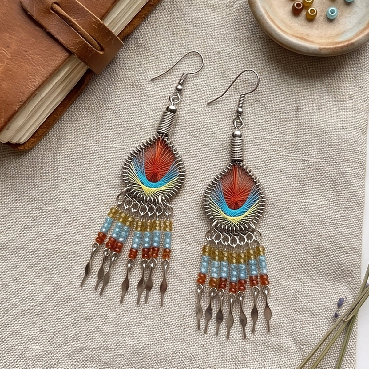 Peruvian Silk Thread Earrings 3 Inch Handcrafted Stainless Steel Boho Dangle Jewelry Handmade Statement Gift