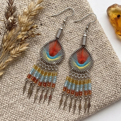 Peruvian Silk Thread Earrings 3 Inch Handcrafted Stainless Steel Boho Dangle Jewelry Handmade Statement Gift