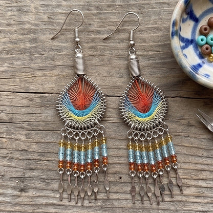 Peruvian Silk Thread Earrings 3 Inch Handcrafted Stainless Steel Boho Dangle Jewelry Handmade Statement Gift