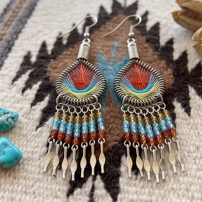 Peruvian Silk Thread Earrings 3 Inch Handcrafted Stainless Steel Boho Dangle Jewelry Handmade Statement Gift