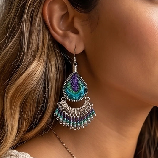 Peruvian Silk Thread Earrings 2.75" Stainless Steel Boho Dangle Jewelry - Gem Avenue Retail   