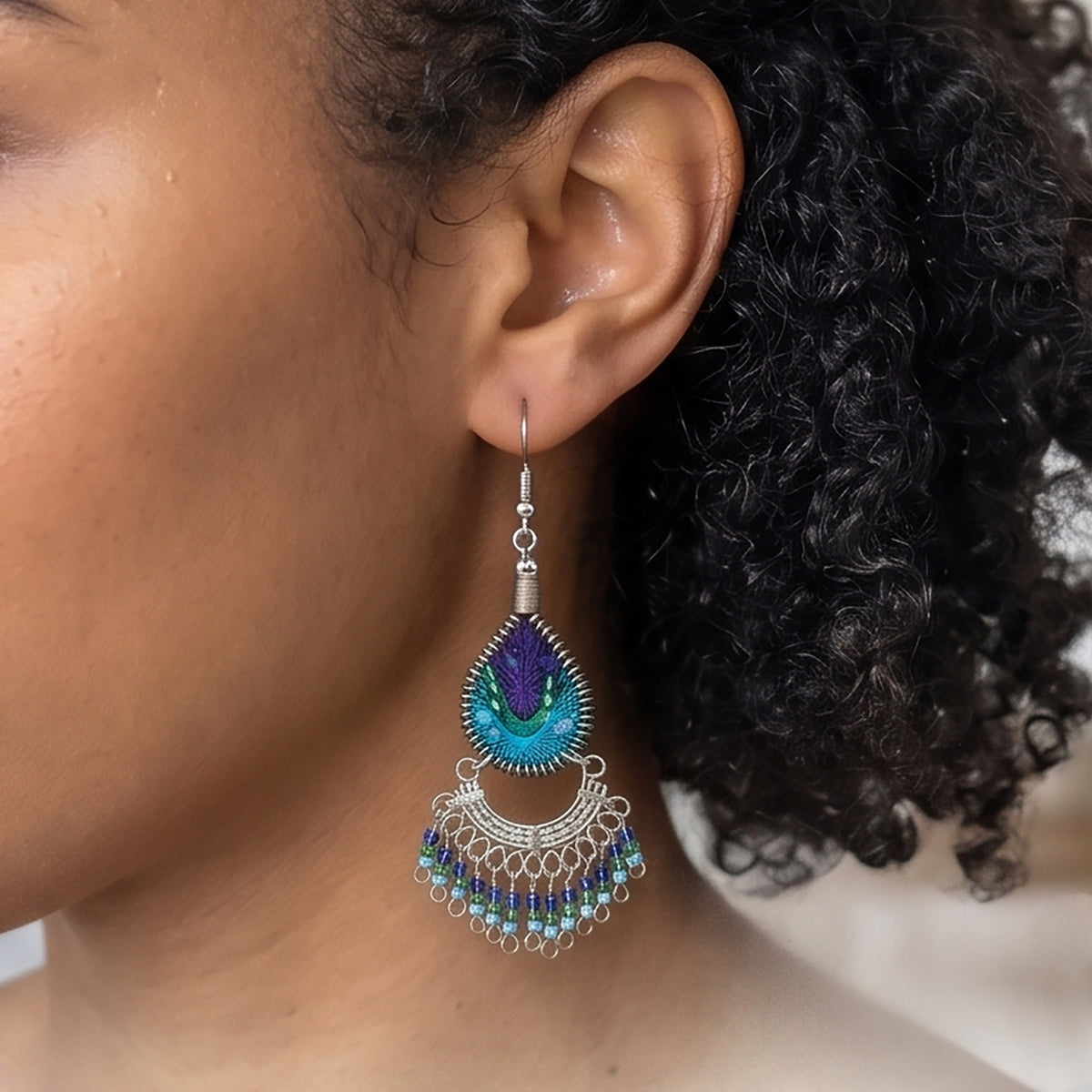 Peruvian Silk Thread Earrings 2.75" Stainless Steel Boho Dangle Jewelry - Gem Avenue Retail   
