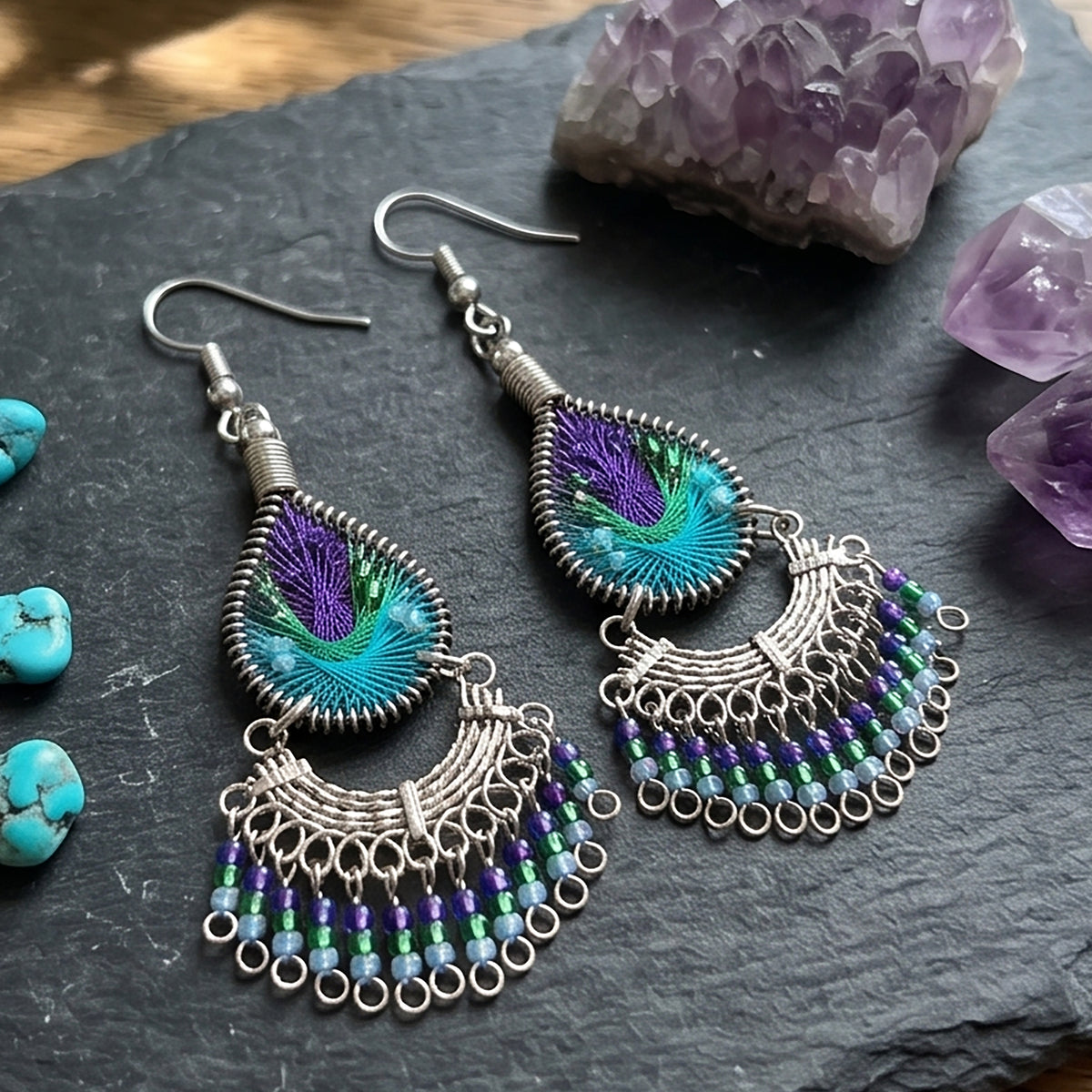 Peruvian Silk Thread Earrings 2.75" Stainless Steel Boho Dangle Jewelry - Gem Avenue Retail   