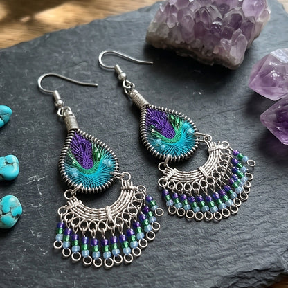 Peruvian Silk Thread Earrings 2.75" Stainless Steel Boho Dangle Jewelry - Gem Avenue Retail   