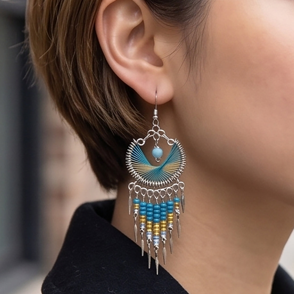 Peruvian Silk Thread Earrings 3" Stainless Steel Boho Dangle Jewelry - Gem Avenue Retail