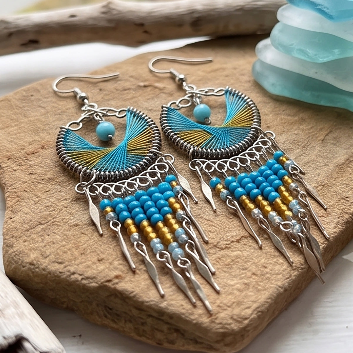 Peruvian Silk Thread Earrings 3" Stainless Steel Boho Dangle Jewelry - Gem Avenue Retail