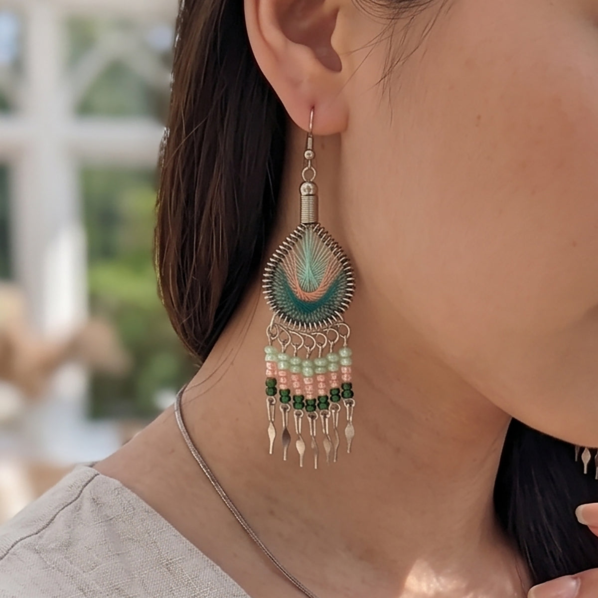 Peruvian Silk Thread Earrings 3" Stainless Steel Boho Dangle Jewelry - Gem Avenue Retail