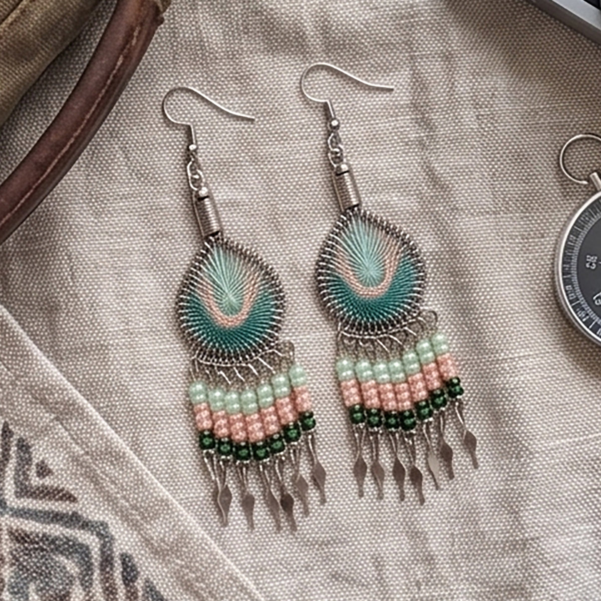 Peruvian Silk Thread Earrings 3" Stainless Steel Boho Dangle Jewelry - Gem Avenue Retail