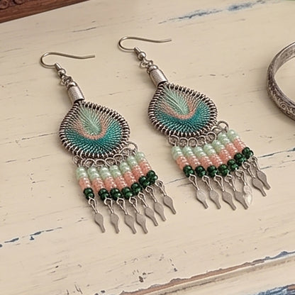 Peruvian Silk Thread Earrings 3 Inch Handcrafted Stainless Steel Boho Dangle Jewelry Handmade Statement Gift