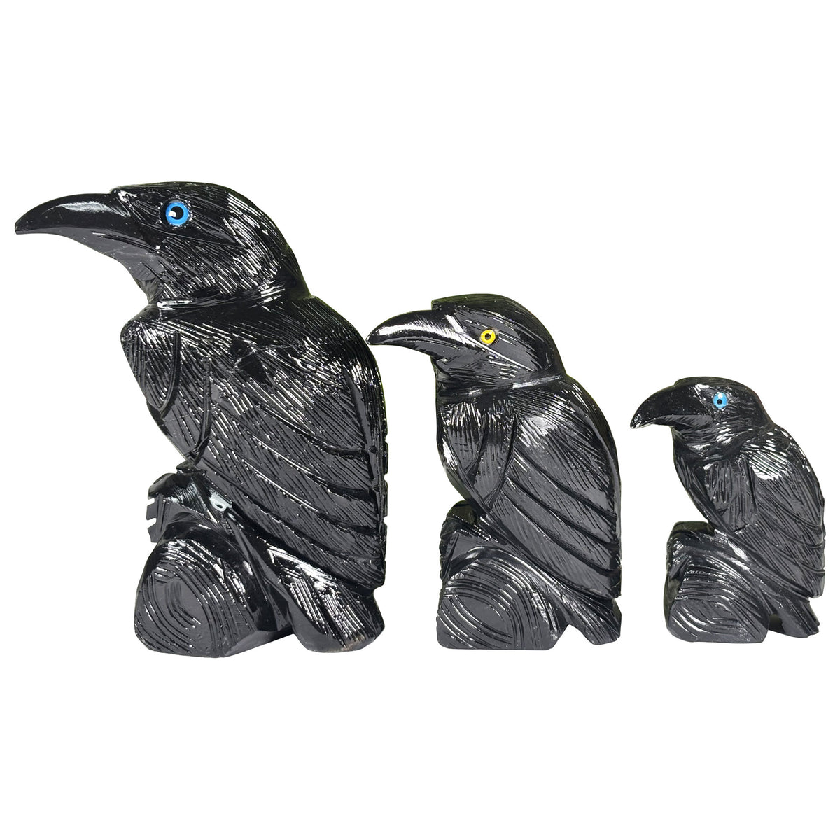 Black Onyx Raven 3-Piece Set from Peru Hand Carved Gemstone Bird Figurines - Gem Avenue Retail