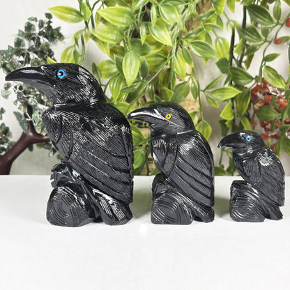 Black Onyx Raven 3-Piece Set from Peru Hand Carved Gemstone Bird Figurines - Gem Avenue Retail