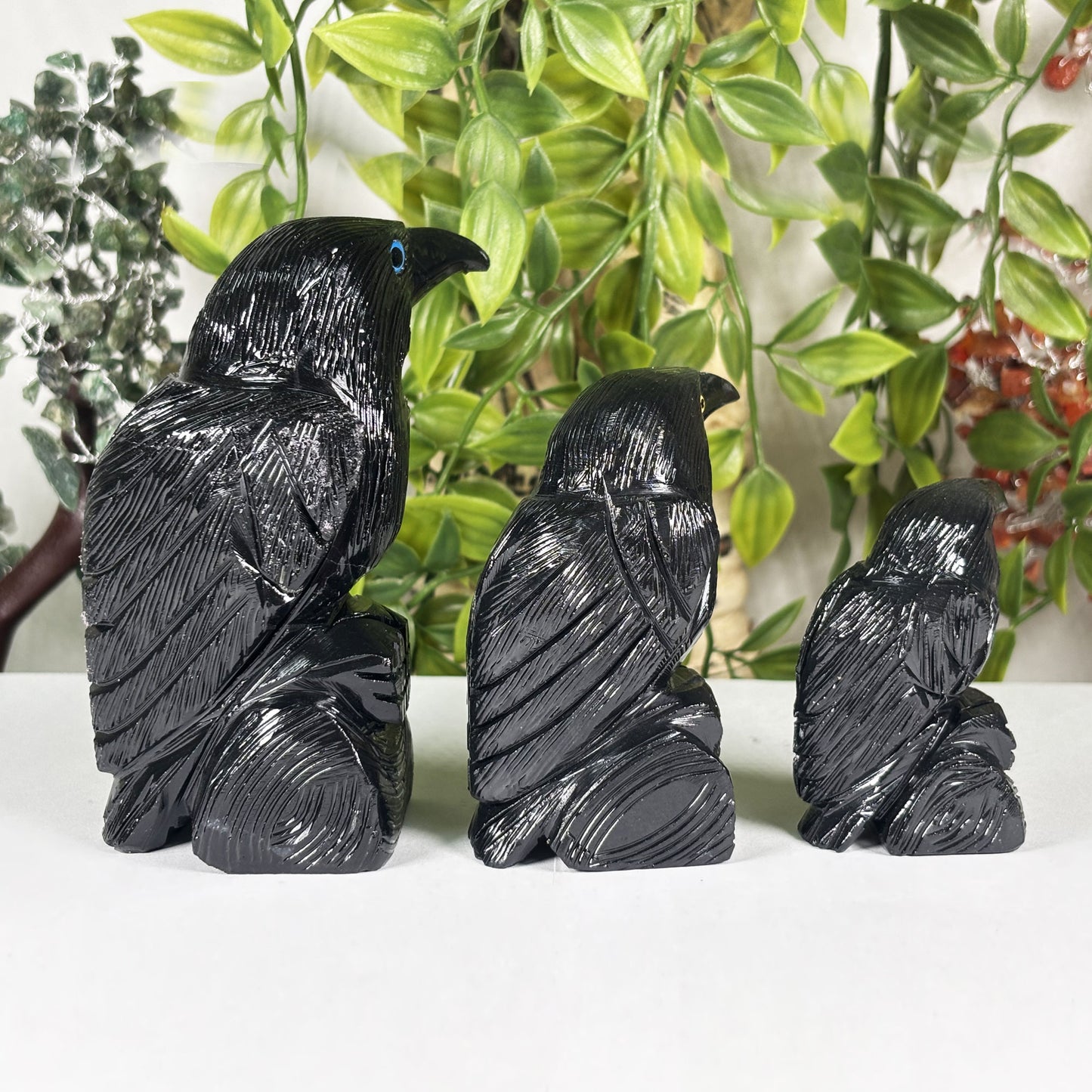 Black Onyx Raven 3-Piece Set from Peru Hand Carved Gemstone Bird Figurines - Gem Avenue Retail