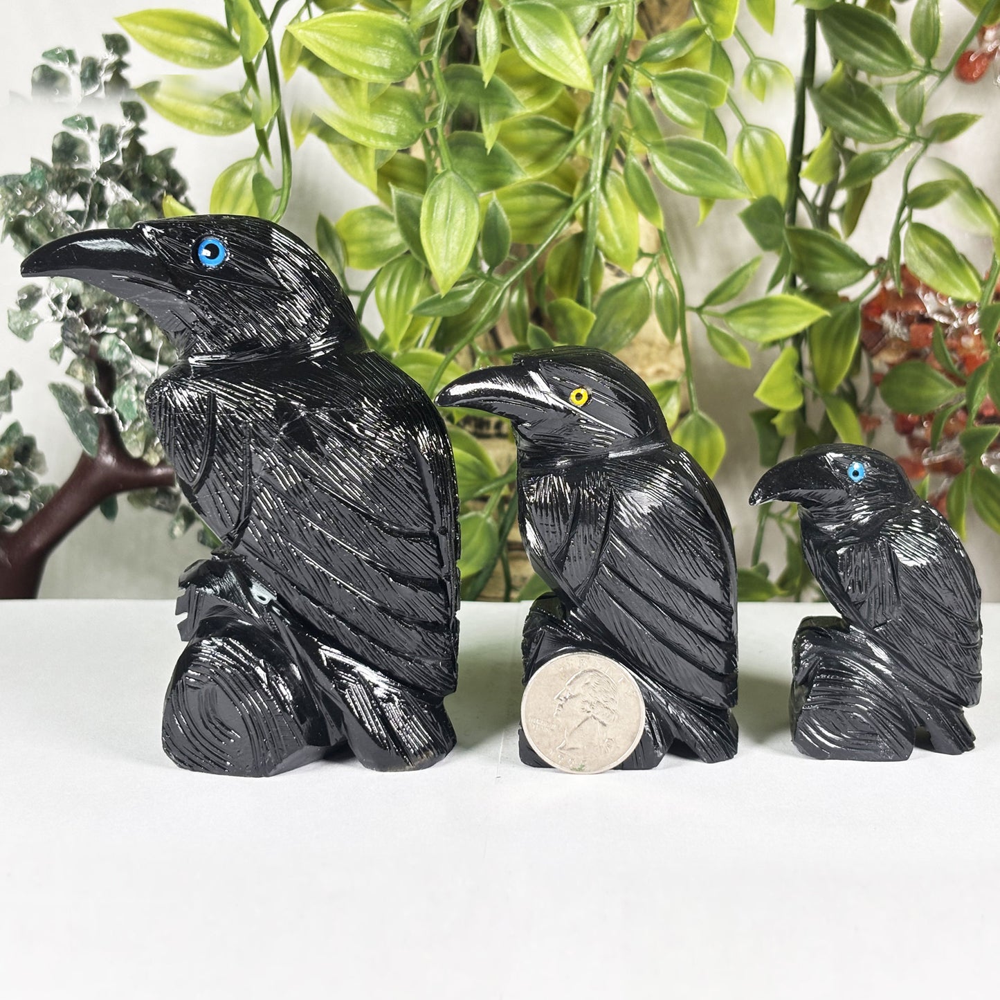 Black Onyx Raven 3-Piece Set from Peru Hand Carved Gemstone Bird Figurines - Gem Avenue Retail