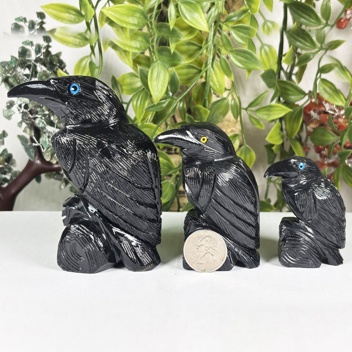 Black Onyx Raven 3-Piece Set from Peru Hand Carved Gemstone Bird Figurines - Gem Avenue Retail