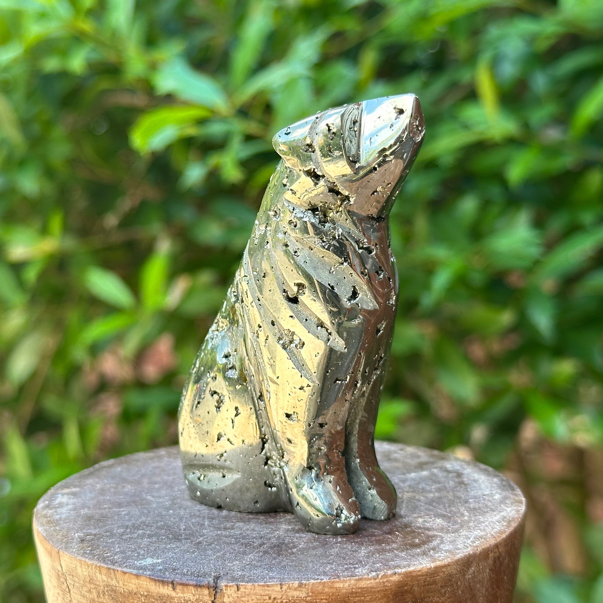 Hand-Carved Pyrite Wolf Crystal Gemstone Carving - Gem Avenue