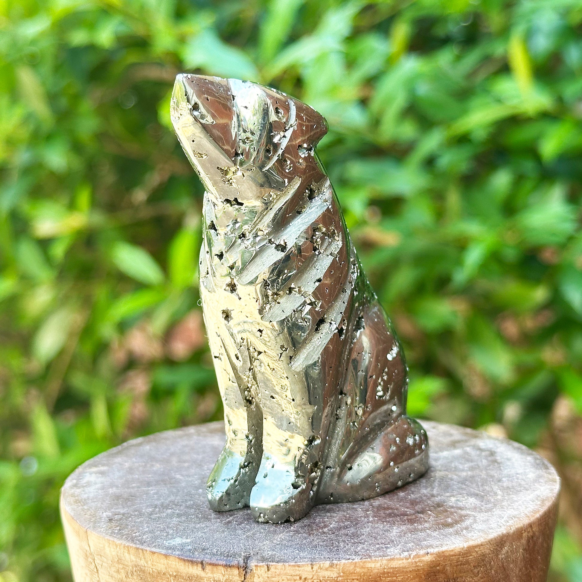 Hand-Carved Pyrite Wolf Crystal Gemstone Carving - Gem Avenue