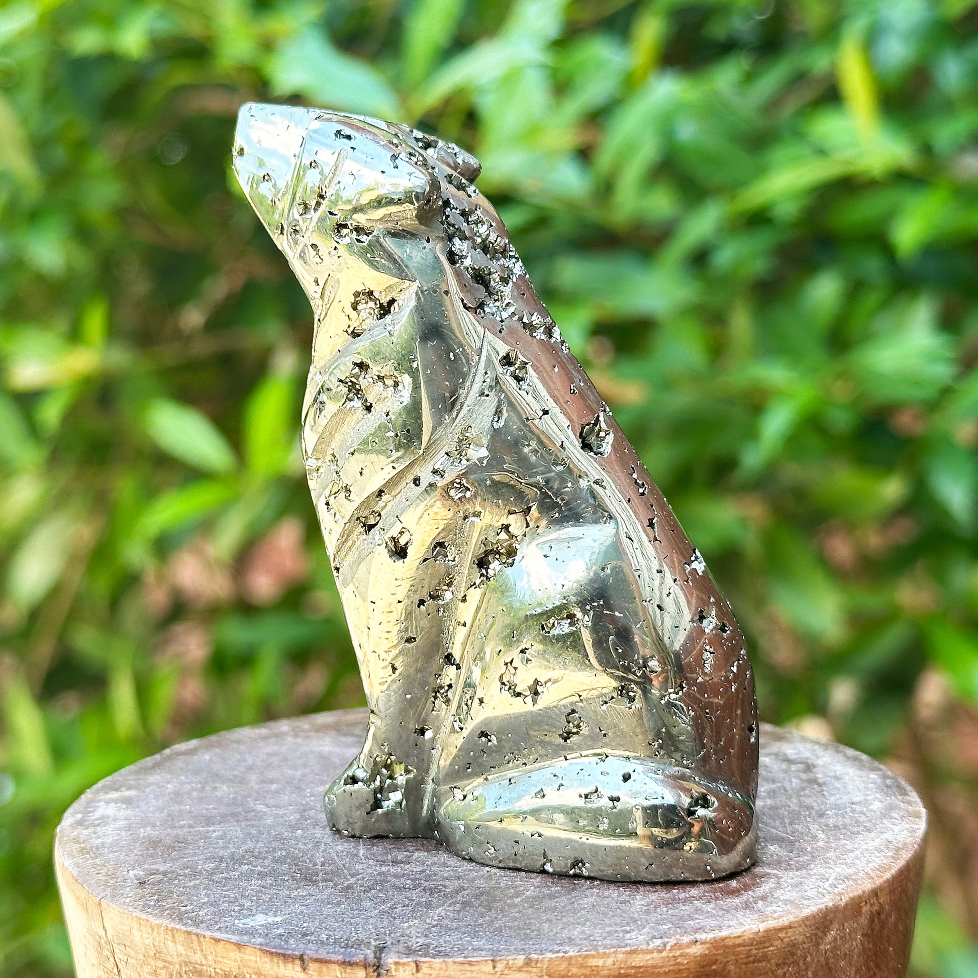 Hand-Carved Pyrite Wolf Crystal Gemstone Carving - Gem Avenue