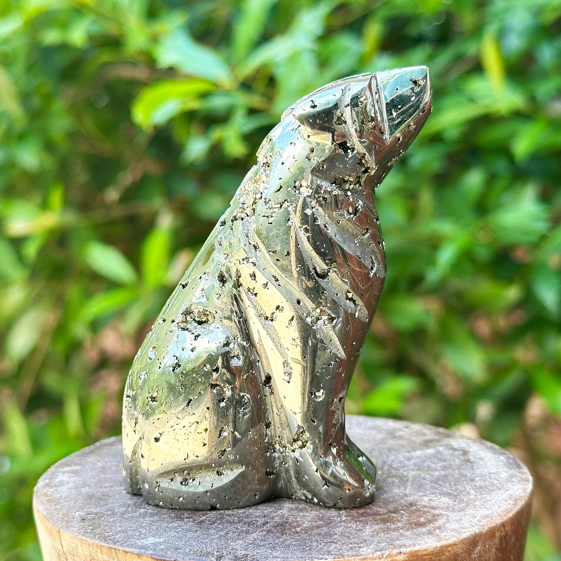 Hand-Carved Pyrite Wolf Crystal Gemstone Carving - Gem Avenue
