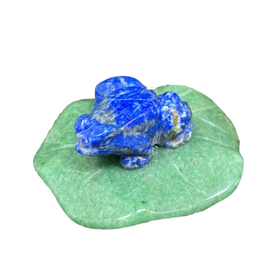 Hand-Carved Lapis Lazuli Frog Figurine on Aventurine Lily Pad Crystal Animal Decor - RAN500-B