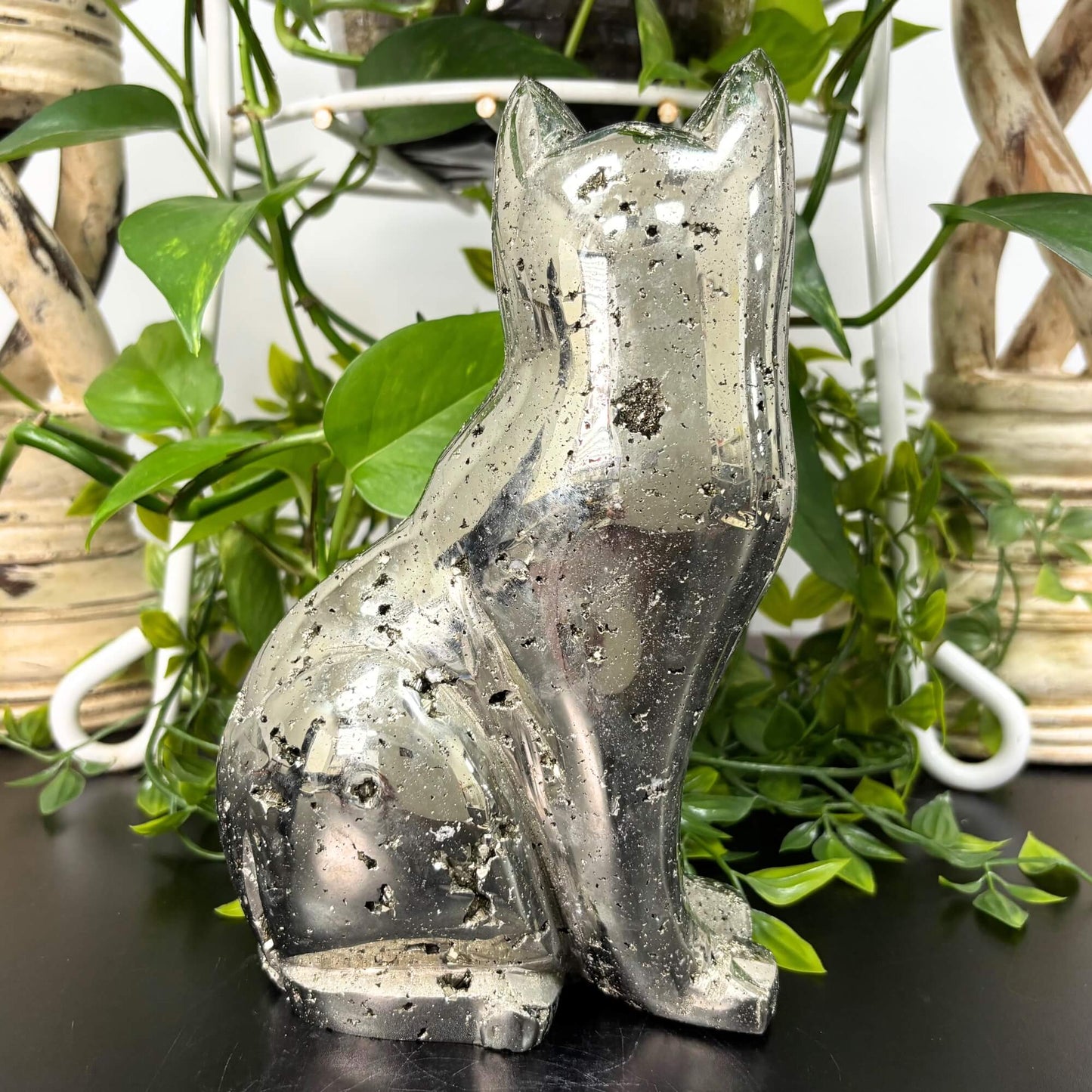 8.5 Inch Pyrite Cat Figurine Hand Carved Natural Crystal from Peru for Home Decor & Display - RAN502