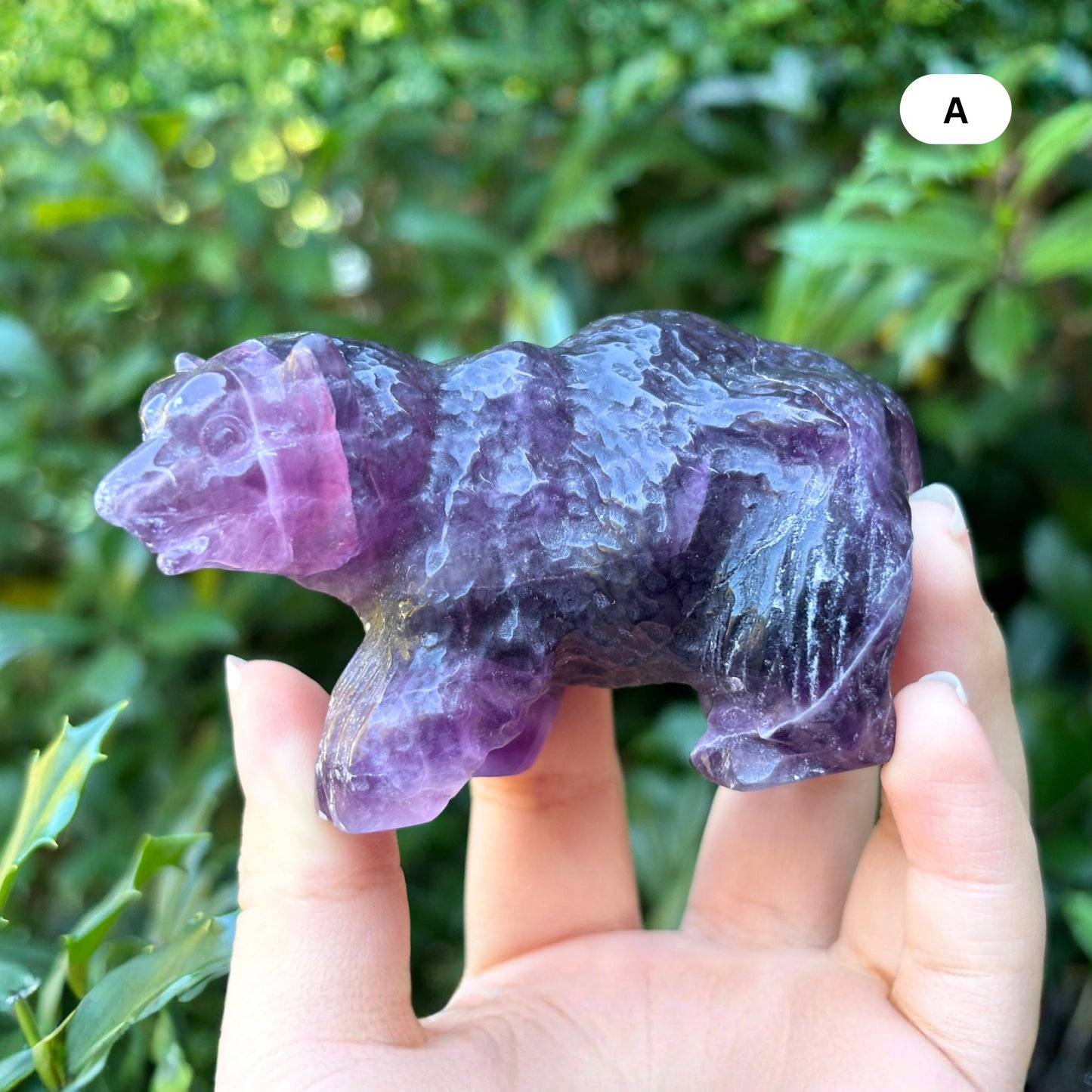 Hand Carved Purple Fluorite Crystal Bear Figurine for Healing, Meditation, Focus & Unique Home Decor - RAN526