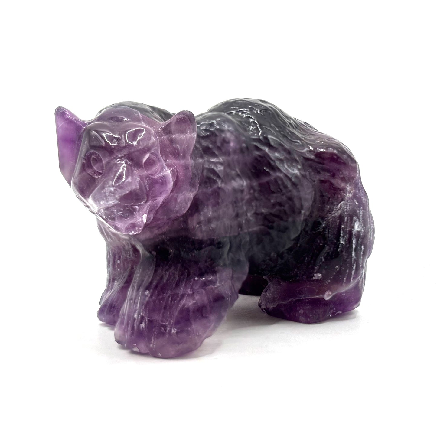 Hand Carved Purple Fluorite Crystal Bear Figurine for Healing, Meditation, Focus & Unique Home Decor - RAN526