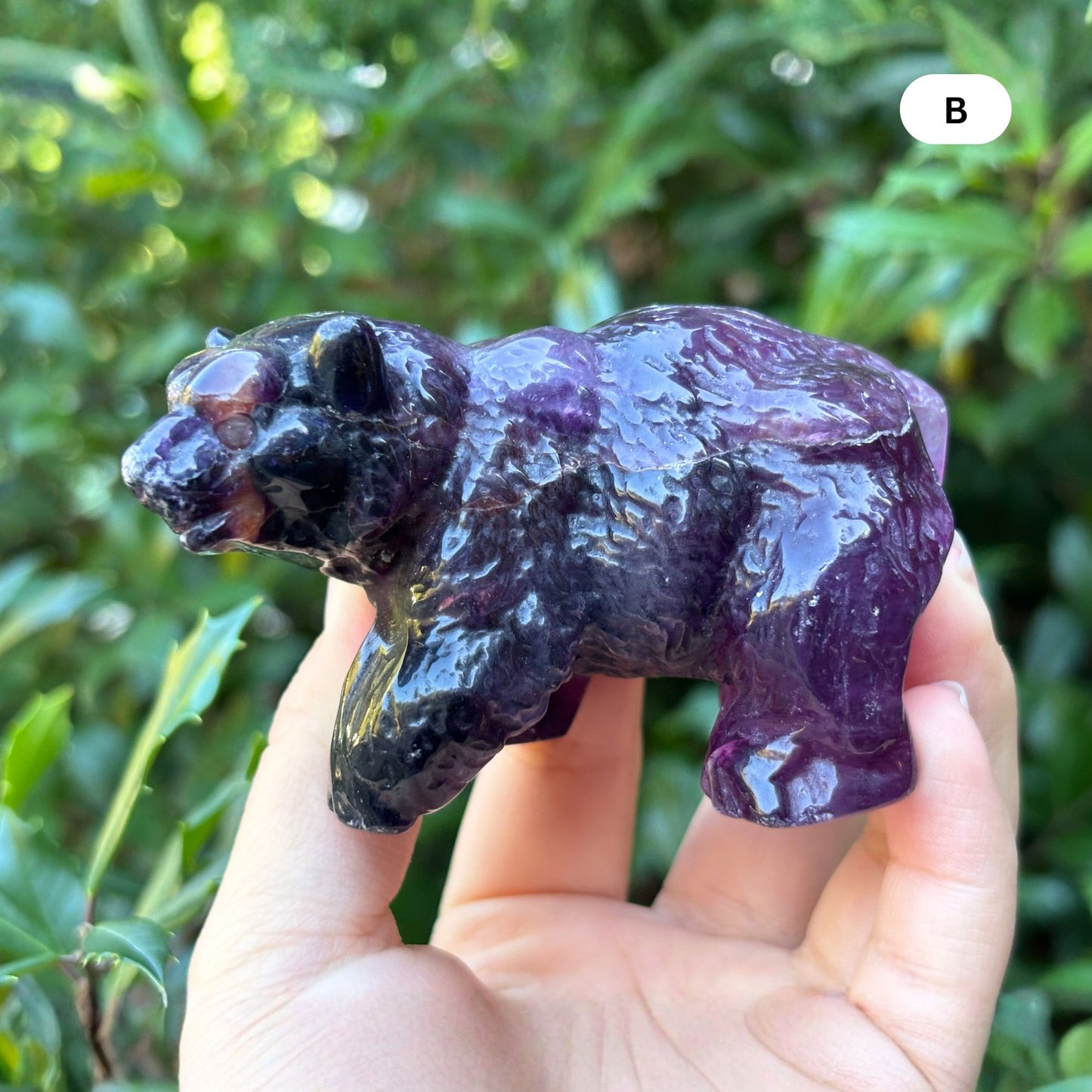 Hand Carved Purple Fluorite Crystal Bear Figurine for Healing, Meditation, Focus & Unique Home Decor - RAN526