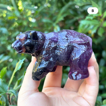 Hand Carved Purple Fluorite Crystal Bear Figurine for Healing, Meditation, Focus & Unique Home Decor - RAN526