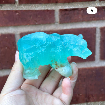 Hand Carved Green Fluorite Bear Figurine for Healing, Meditation, Focus & Home Decor - RAN527