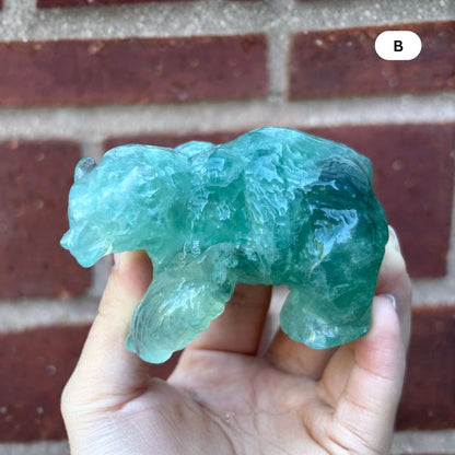 Hand Carved Green Fluorite Bear Figurine for Healing, Meditation, Focus & Home Decor - RAN527