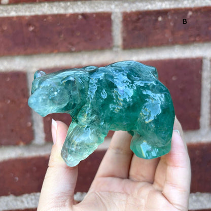 Hand Carved Green Fluorite Bear Figurine for Healing, Meditation, Focus & Home Decor - RAN527