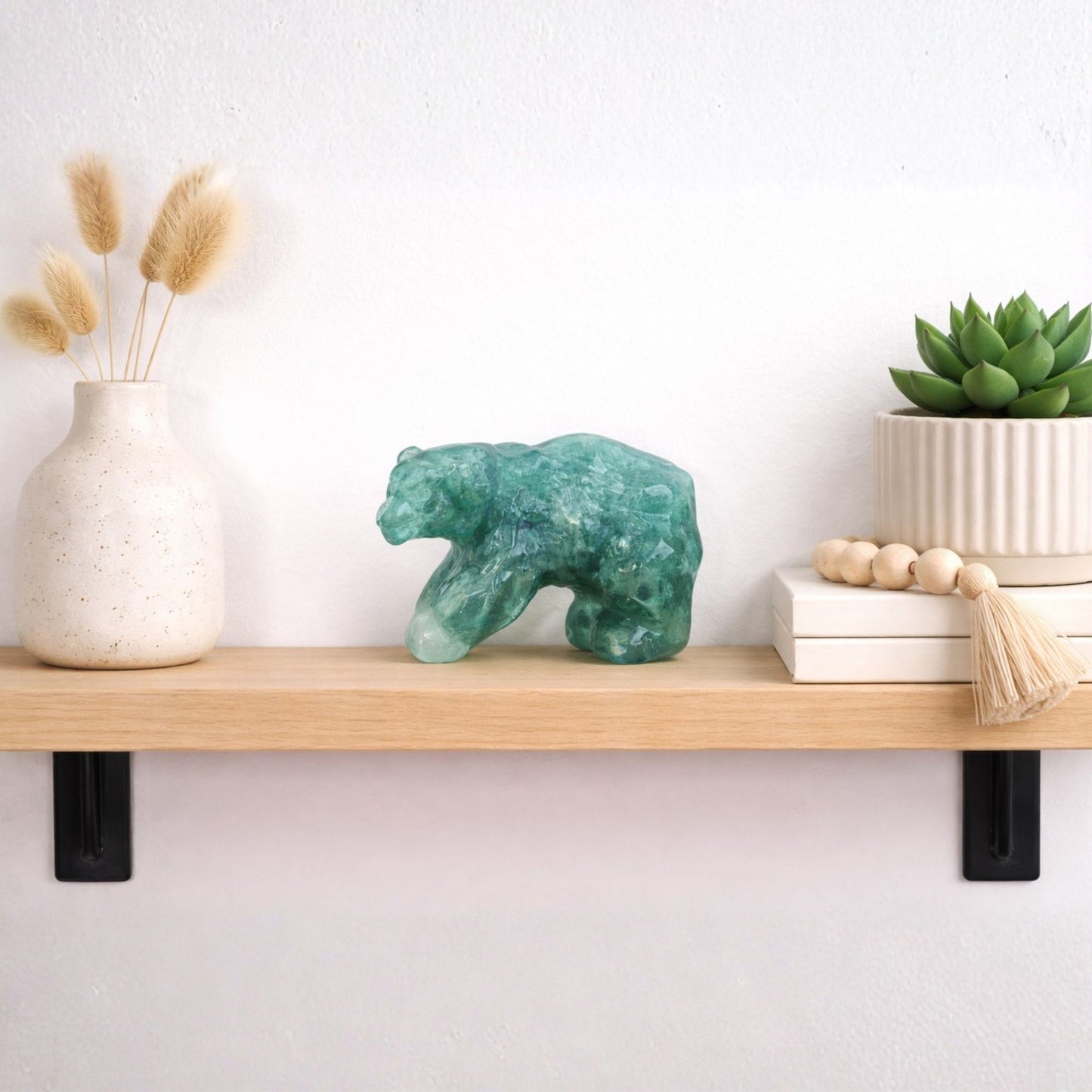 Hand Carved Green Fluorite Bear Figurine for Healing, Meditation, Focus & Home Decor - RAN527