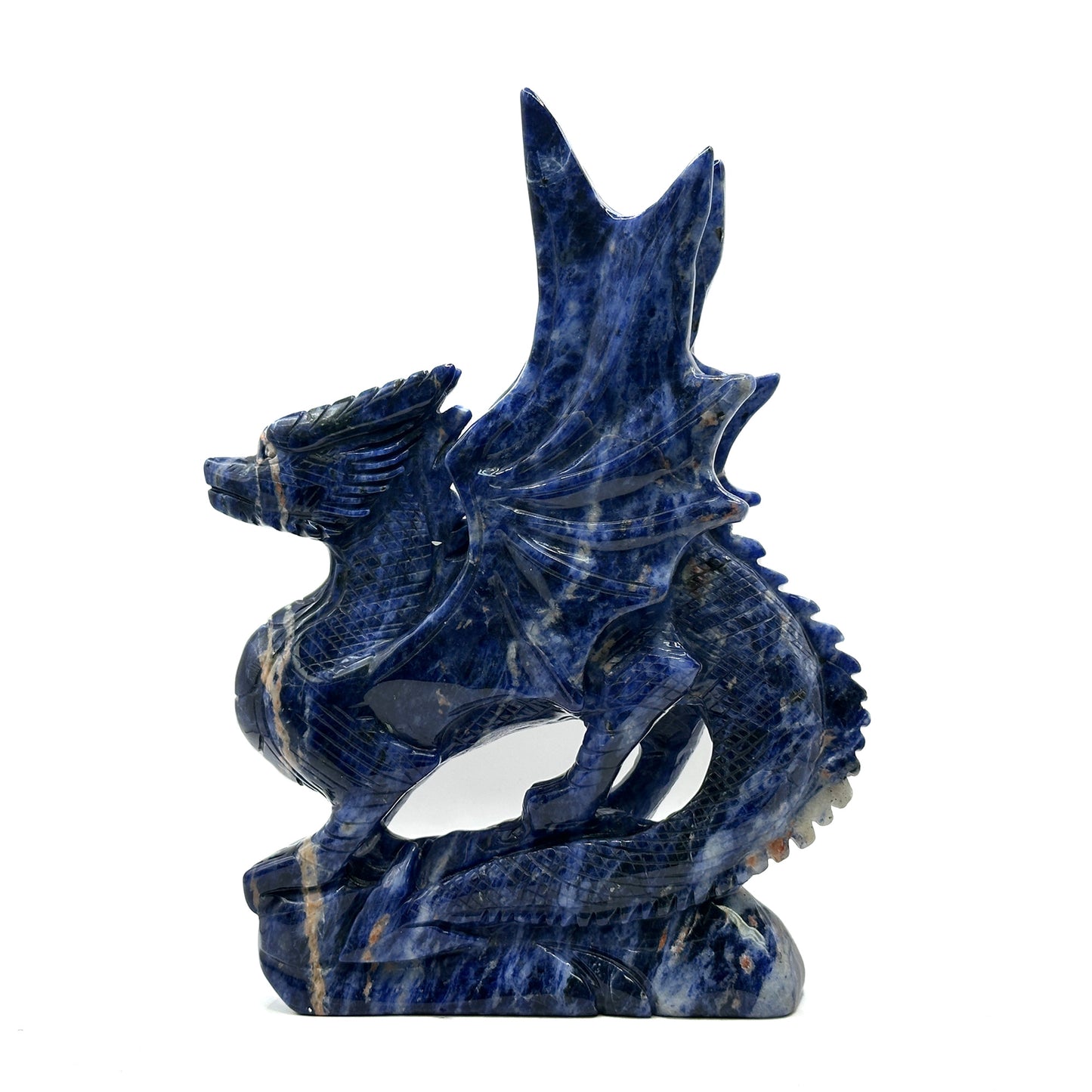 Hand-Carved Blue Sodalite Dragon Sculpture with Wings - Gem Avenue