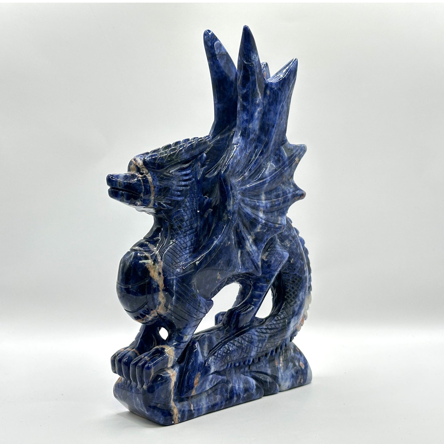 Hand-Carved Blue Sodalite Dragon Sculpture with Wings - Gem Avenue